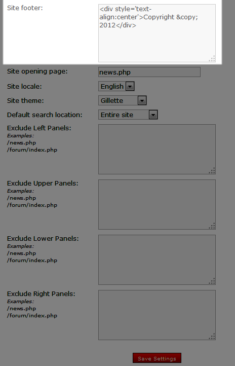 Location of Site footer setting
