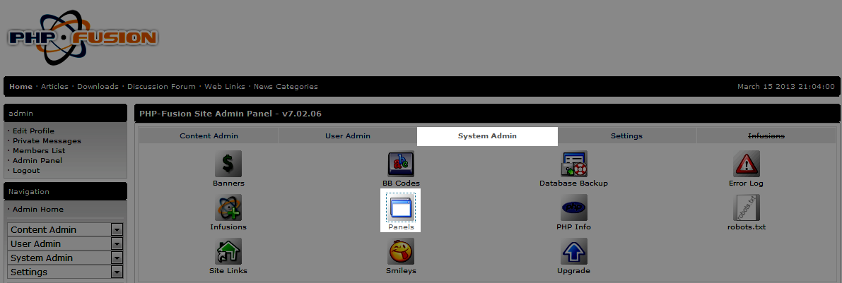 System tab and panels icon