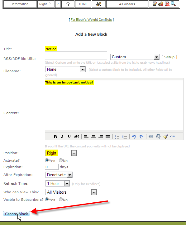 fill out block info click on create block