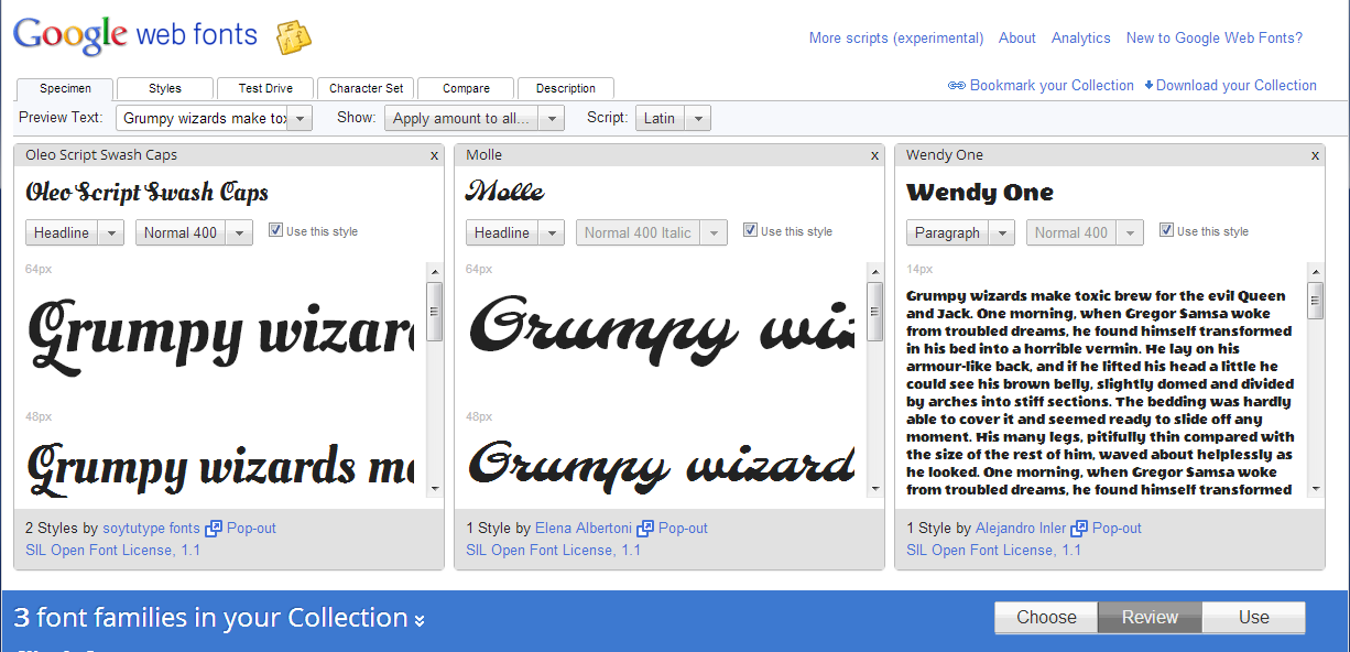 review selected Google fonts
