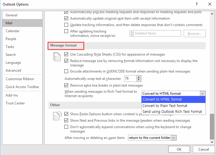 outlook message format