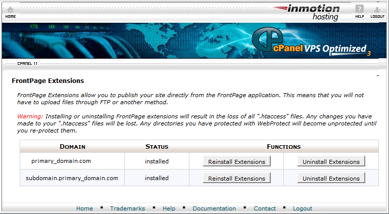 List of websites in Cpanel with Front Page Extension loaded