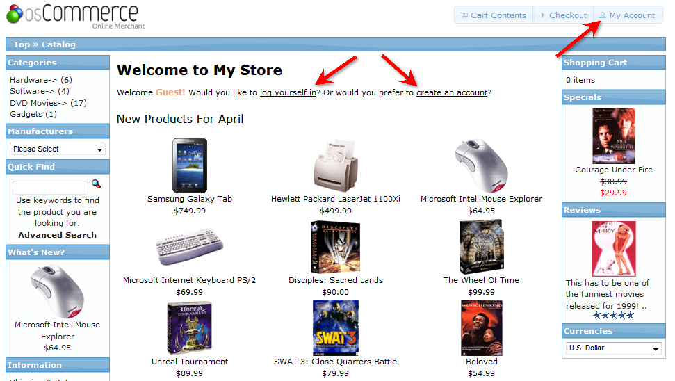 Screen first seen upon logging into your osCommerce site