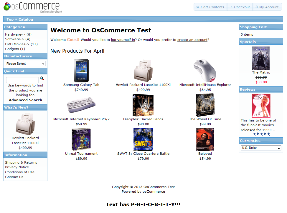 osCommerce store page with text used