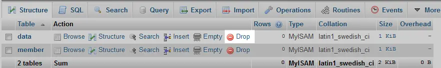 select the drop link for desired table