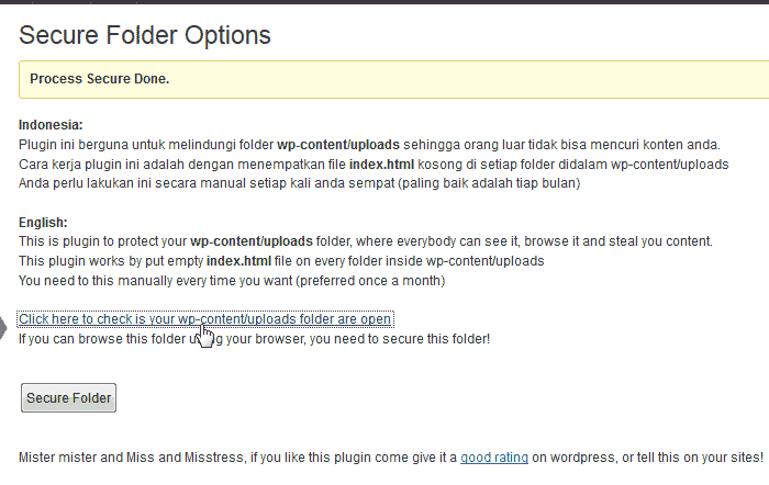 Check Folder Secure Folder wp-content/uploads plugin for WordPress