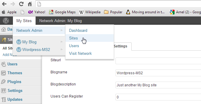 Go to the Sites section in the Network Admin