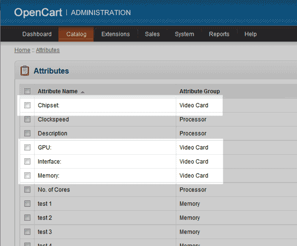 List of Attributes OpenCart