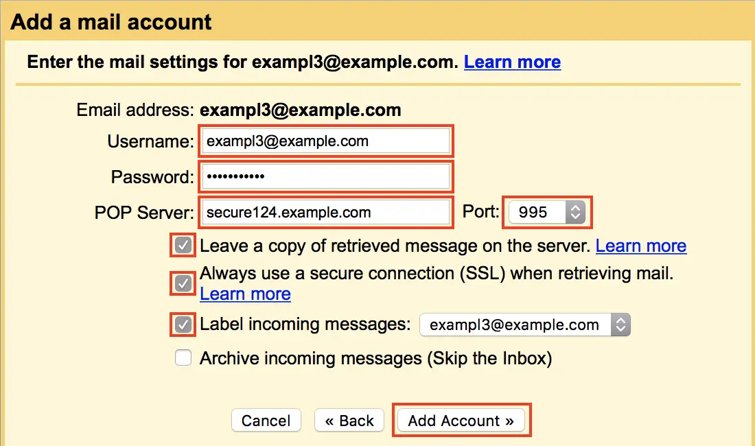 Add a mail account POP3 fields and Add Account button highlighted.