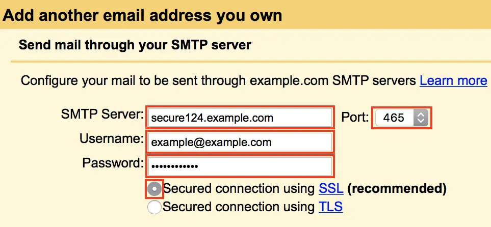 Add email for sending SMTP settings fields highlighted.