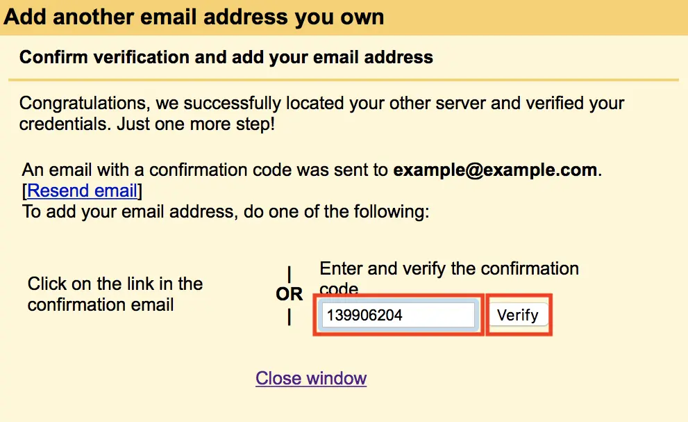 Add email account for sending verification code entered and Verify button highlighted.