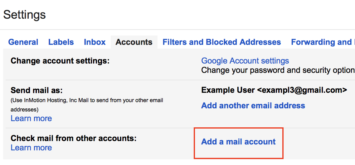 Gmail Settings Accounts Add a Mail Account link highlighted.