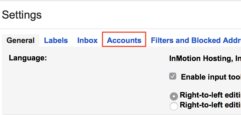 Gmail Settings Accounts tab highlighted.