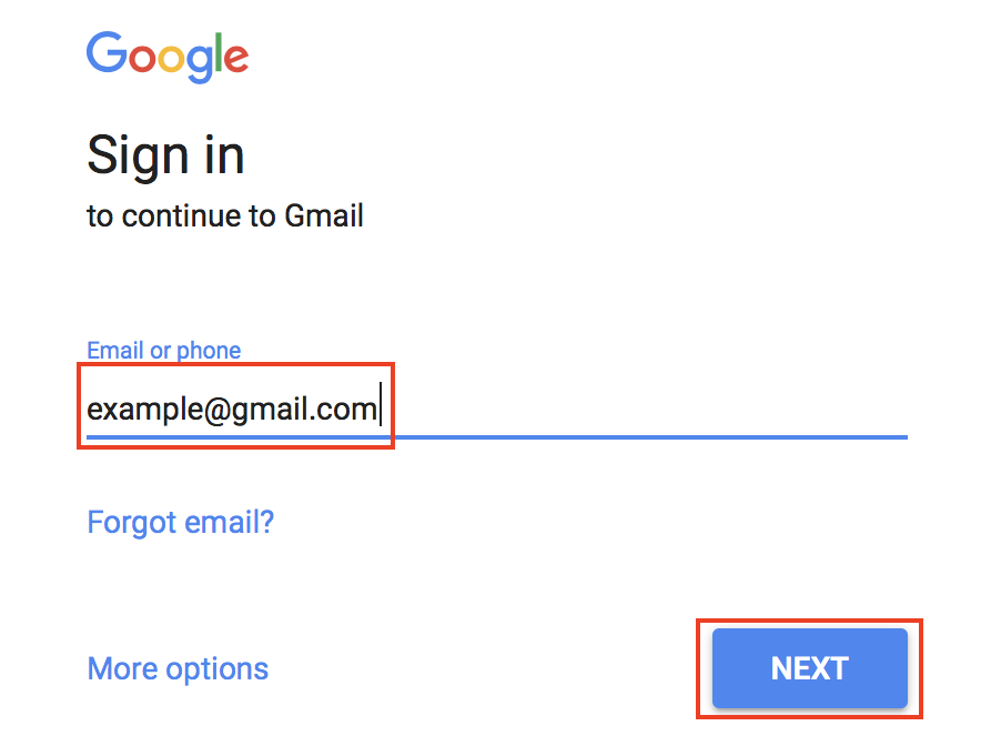 Gmail sign-in screen with email address field and Next button highlighted.