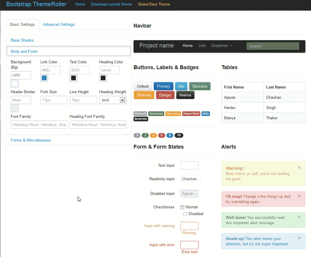 Bootstrap Theme Roller Basic interface