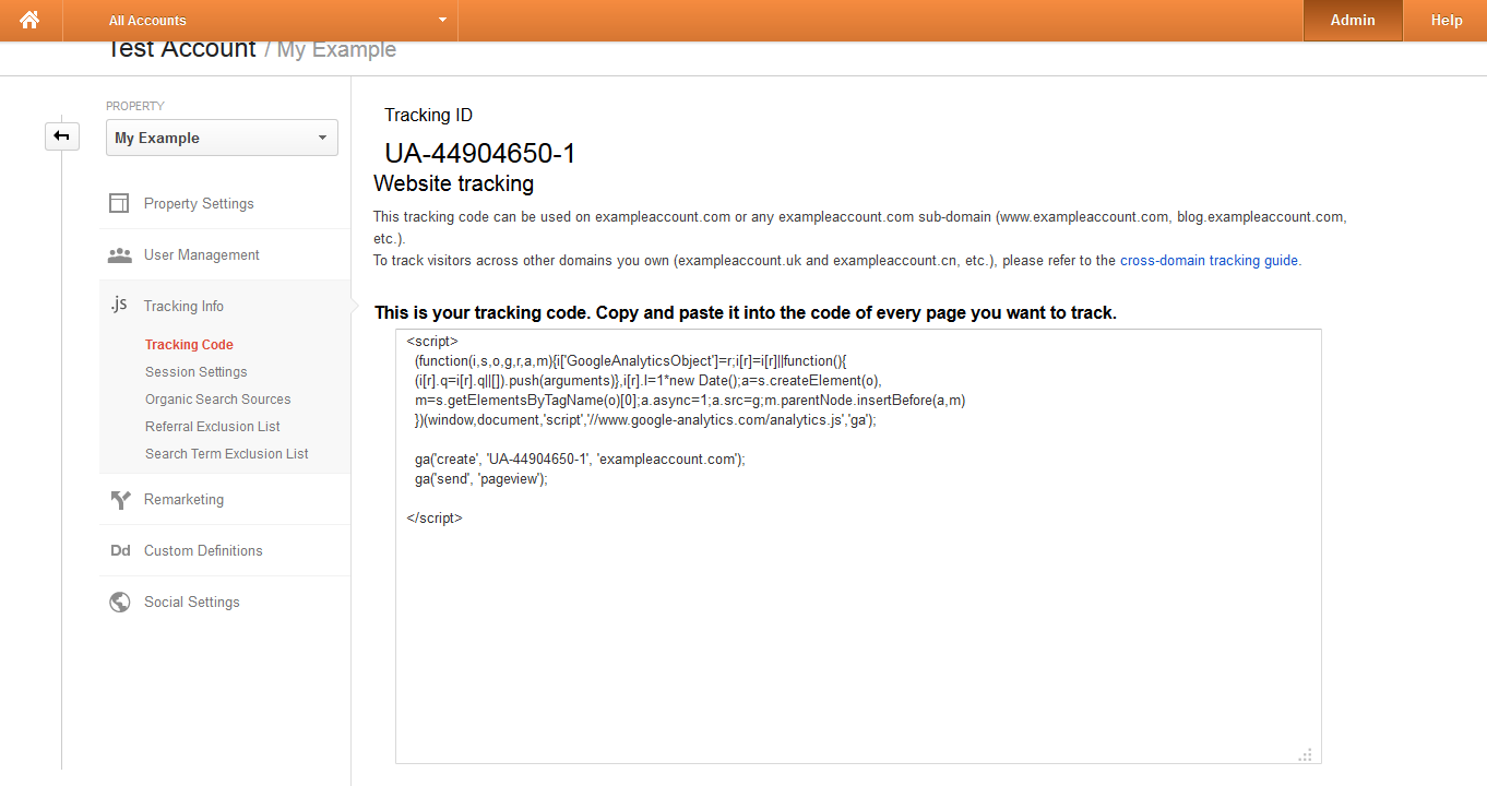 Website UA tracking code example