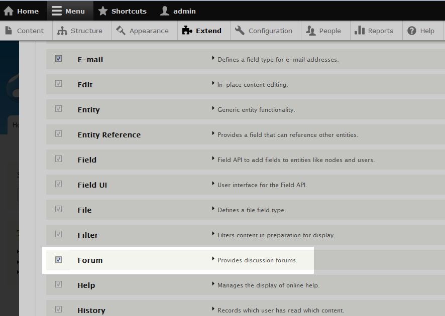 Select the checkbox for the Forum module