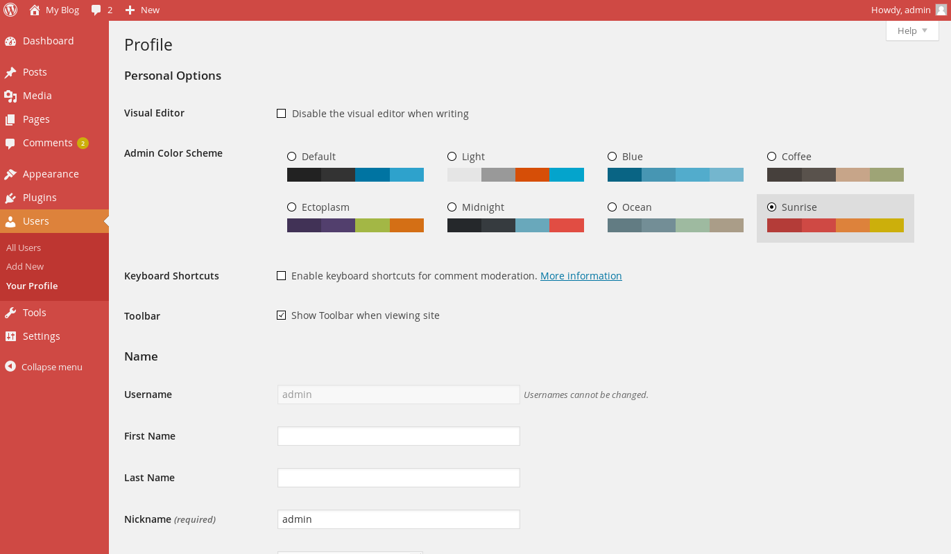 WordPress admin user profile in a new color scheme