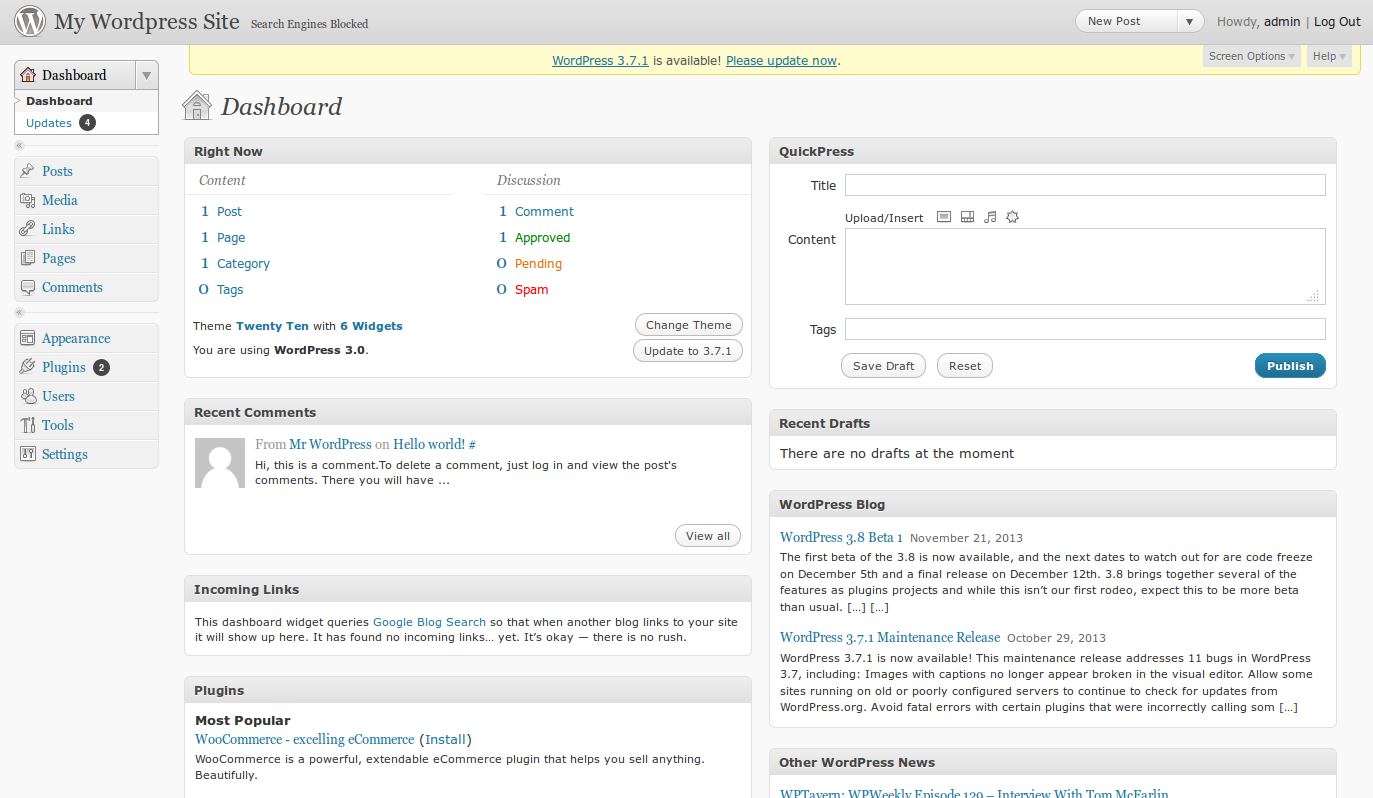WordPress 3.0 admin dashboard
