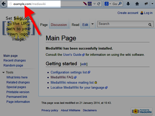 Image of MediaWiki before changing URL