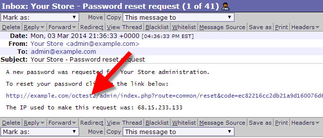 clicking the opencart password reset link in your email