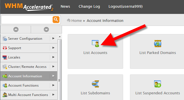 Clicking the account listing button in the Web Host Manager