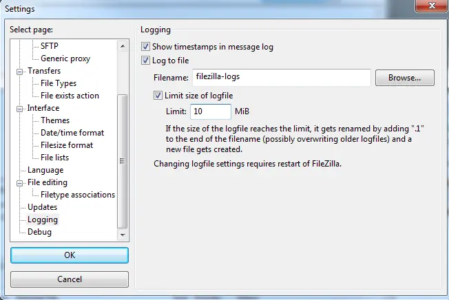 Accessing the logging settings for FileZilla FTP