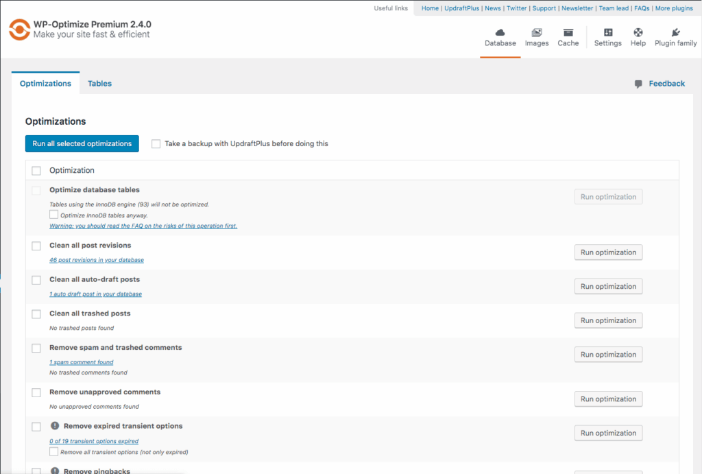 Screenshot of WP Optimize