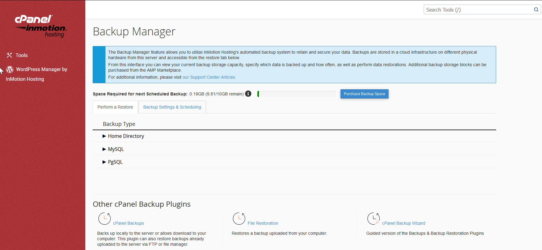 Backup Manager Home page