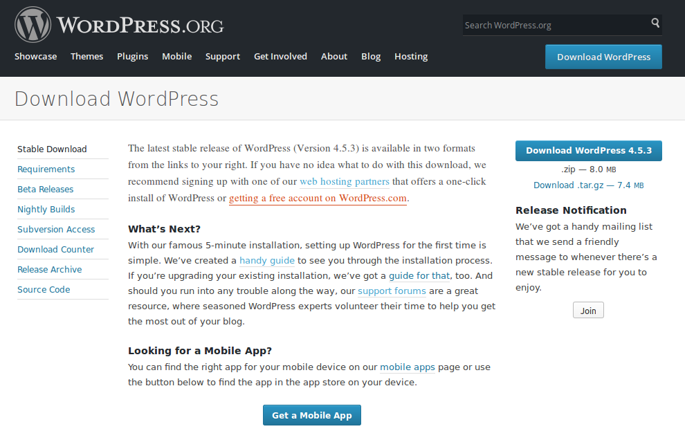 Go to the WordPress.org Download page