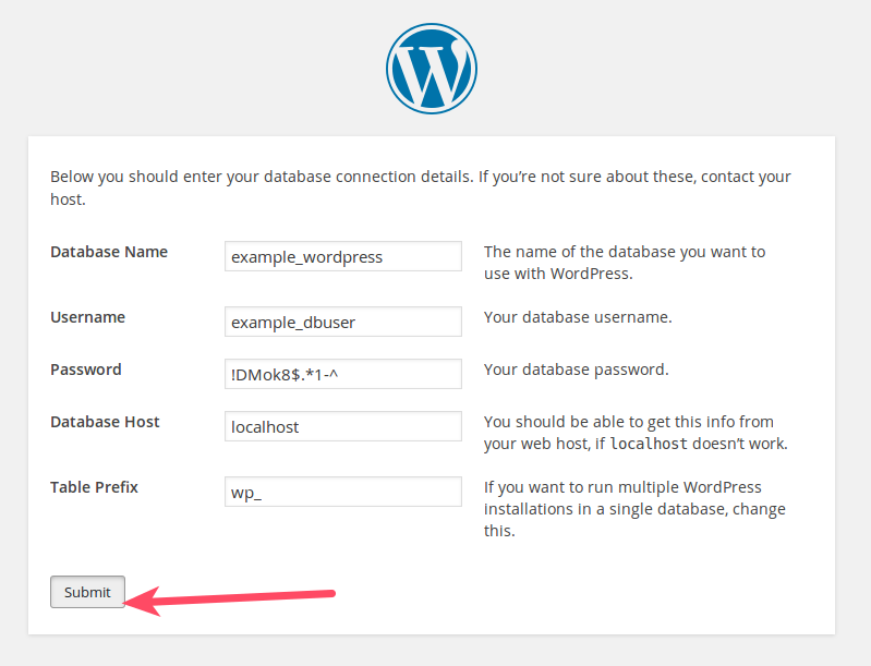 Enter your WordPress database settings