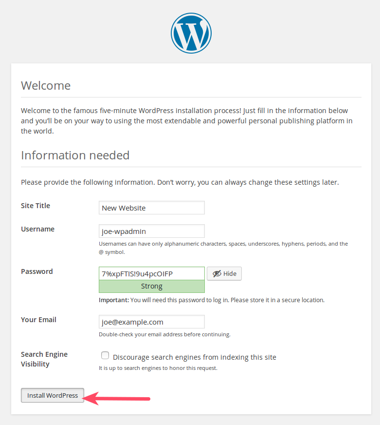 WordPress Installation Confirmation Screen