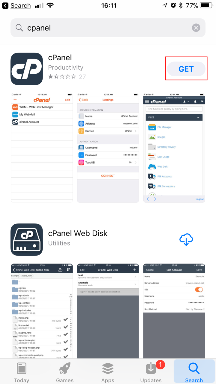 cPanel App Get button highlighted