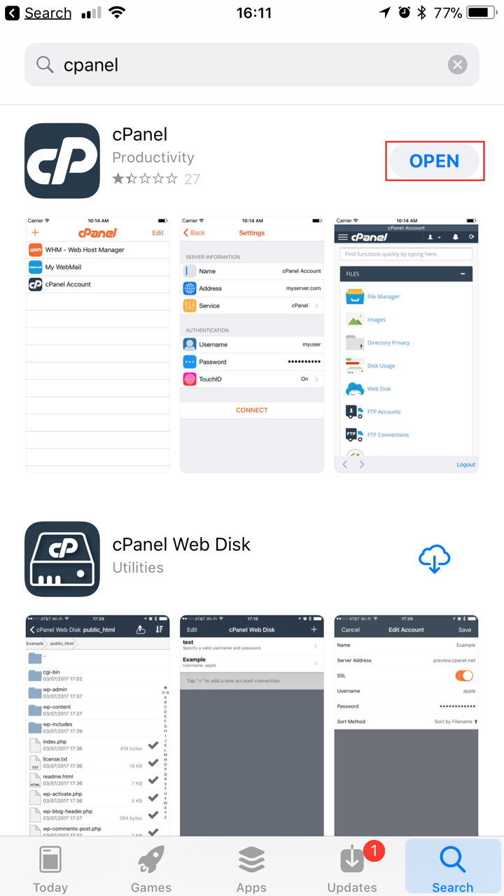 cPanel App Open button highlighted