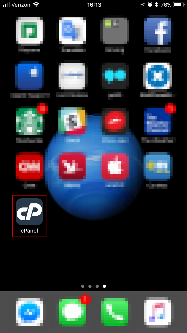 Home screen displaying cPanel App icon highlighted