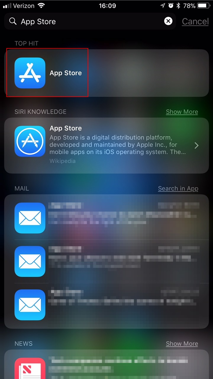 Spotlight Search displaying App Store results