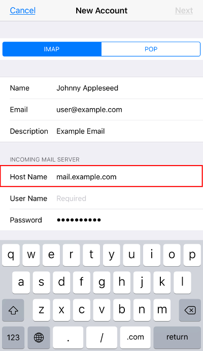 New Account IMAP: Incoming Server Host Name field highlighted