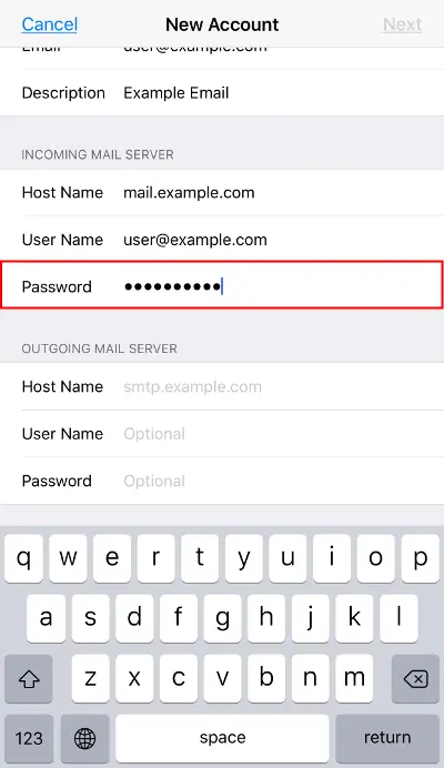 New Account IMAP: Incoming Server Password field highlighted