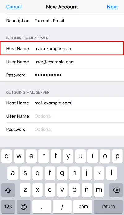 New Account IMAP: Outgoing Server Host Name field highlighted