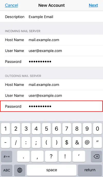 New Account IMAP: Outgoing Server Password field highlighted