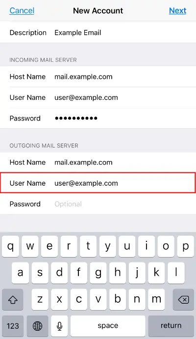 New Account IMAP: Outgoing Server User Name field highlighted