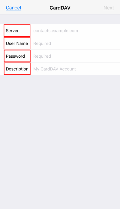 Server, User Name, Password, and Description fields highlighted