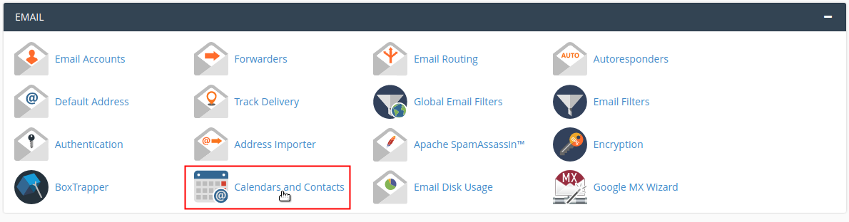 Email section of cPanel Calendars and Contacts highlighted