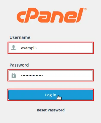 cPanel User Name and Password fields and Login button highlighted