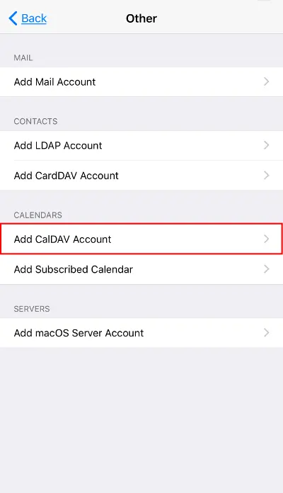 Other Add CalDAV account option highlighted