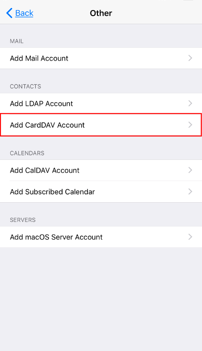 Other under Contacts Add CardDAV Account option highlighted