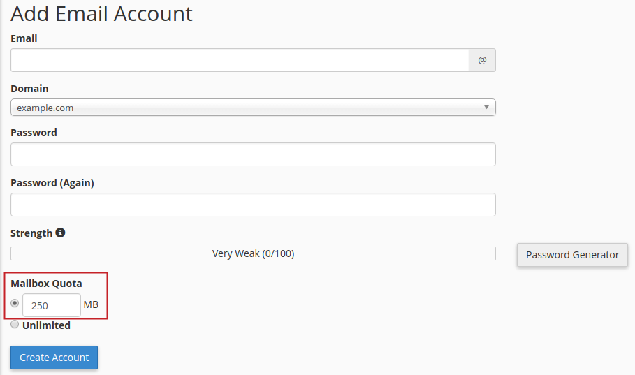 cPanel Add Email Account default quota limit selection of 250MB highlighted
