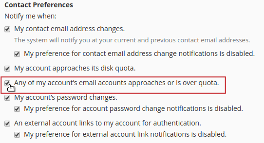 Contact preferences Any of my account's email account approaches or is over quota option highlighted