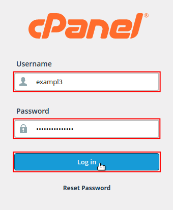 cPanel Username and Password fields filled in and Login button highlighted
