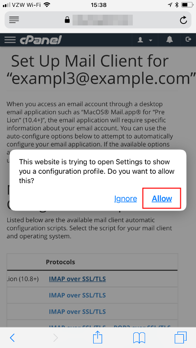 Set Up Mail Client pop-up Allow button highlighted